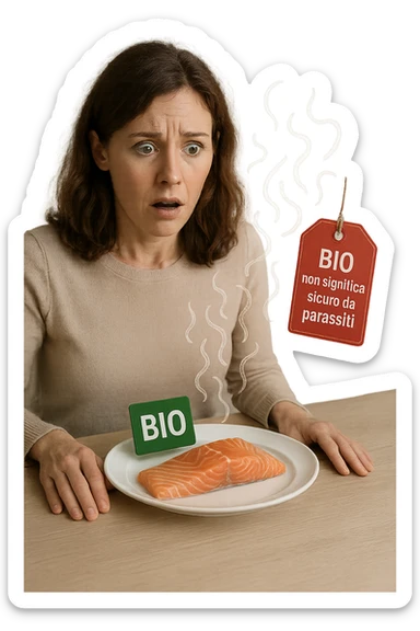 Donna tra i 30 e i 40 anni, seduta a tavola con espressione sorpresa e preoccupata mentre guarda un piatto elegante di salmone crudo etichettato 'BIO'. In trasparenza sopra il salmone si vedono parassiti intestinali stilizzati, come larve o vermi sottili, fluttuanti nell’aria. Accanto al piatto, una scritta fluttuante in stile etichetta rossa avverte: 'BIO non significa sicuro da parassiti'. Atmosfera visivamente pulita ma con tensione sottile, colori realistici con accento sul contrasto tra immagine 'salutare' e minaccia invisibile sticker