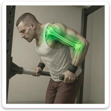 A man performing a dip exercise with the shoulder-arm-elbow joint block colored in gradient green with a green glow effect to emphasize joint health. Hyper-realistic style with anatomical details, clinical atmosphere, and neutral background. sticker