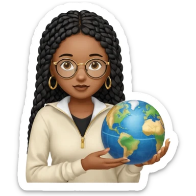 a young woman wearing fine gold round glasses and black hair in several box braids, no earrings, she has light black skin, and she's wearing a white shirt with a black quarterzip sweater. She's holding a globe in one hand sticker