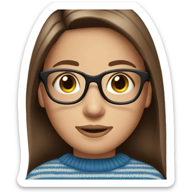 beautiful woman, long straight brown hair, blue eyes, striped knit sweater, with glasses sticker