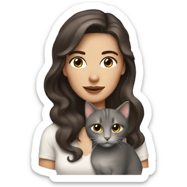 pretty wavy brunette woman with brown eyes holding grey cat sticker