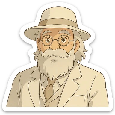 old man with a white hat, slightly long white beard, white moustache, round glasses, white suit, white longish hair, ghibli style sticker