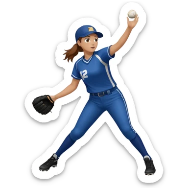 Softball pitcher pitching the ball from side view with brown hair and dark blue jersey and no hat sticker