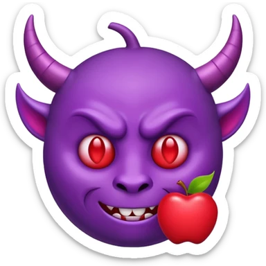 Purple demon emoji with red hearts for eyes, apple emoji, circular head with horns sticker