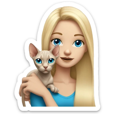 Blonde girl with long hair and blue eyes holding sphynx cat sticker