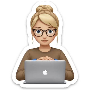 girl, dirty blonde hair, a bun, blue eyes, glasses, brown longsleeve, a laptop. upper body. sticker