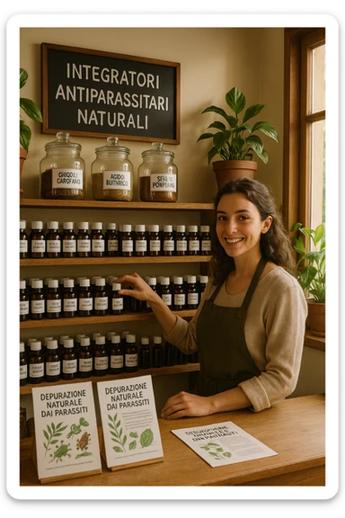 A realistic, well-lit herbal supplement store interior with wooden shelves neatly displaying glass jars and bottles labeled as ‘Chiodi di Garofano’, ‘Acido Butirrico’, and ‘Semi di Pompelmo’, organized in a clean and aesthetic manner. Small handwritten chalkboard signs indicate ‘Natural Antiparasitic Supplements’ above the section. The environment feels warm and trustworthy, with potted green plants adding freshness and a subtle sunlight entering through a window. A young shop assistant with a welcoming smile arranges the products, while informational leaflets about natural parasite cleansing are visible on a wooden counter, creating a holistic and health-conscious atmosphere in Italiano sticker