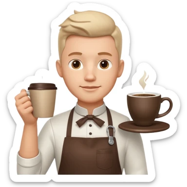 male barista portrait, head and shoulders only, wearing apron collar, holding a coffee cup, confident friendly expression, cafe worker vibe, 3D cartoon, mobile game icon style, clean background, no text, no watermark
 sticker