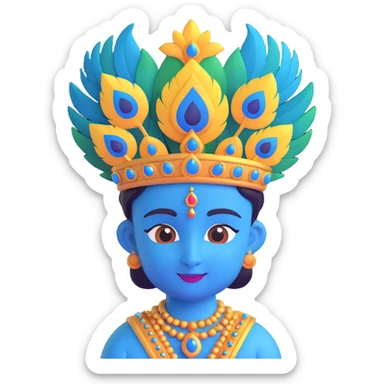 Krishna emoji with blue skin, peacock feather crown, gentle smile, traditional attire, vibrant colors sticker