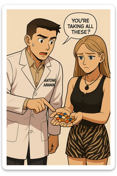 fai un webtoon/manga a colori con questo kinesiologo in camice bianco (fagli la scritta "ANTONIO ANANIA" SUL CAMICE) CHE PARLA CON QUESTA RAGAZZA CON GLI OCCHI AZZURRI. LA RAGAZZA HA UN PUGNO DI INTEGRATORI IN MANO (TANTE PILLOLE DIVERSE) E LE GUARDA DUBBIOSA. IL KINESIOLOGO CON IL CAMICE BIANCO LE TOCCA LA PANCIA CON UN DITO. NON FARE I FUMETTI, FAI SOLO LORO COME SE DIALOGASSERO sticker