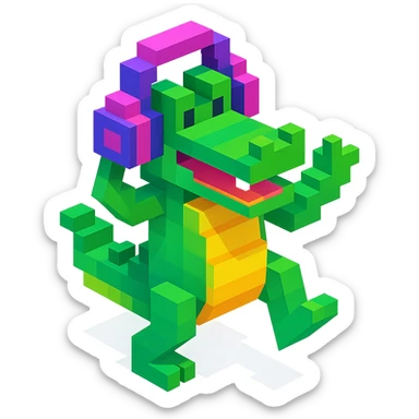 crocodile with headphones dancing, isometric view, voxel style sticker