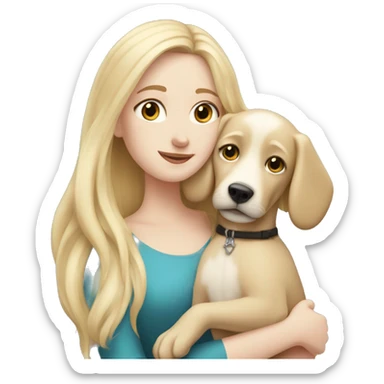 pretty woman with pale skin, very long blonde hair hugging a dog sticker