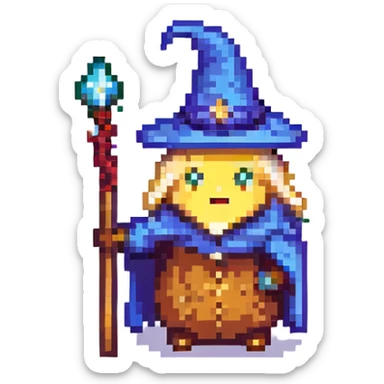pixel art butter slice with a wizard robe and hat holding a staff sticker