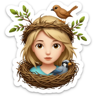 girl with bird nest over her head  sticker