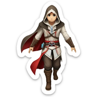 An icon representing an adventure game, inspired by Assassin's Creed. The design features a heroic character in hooded attire, scaling a tall building in a historical cityscape. The background shows ancient architecture and hidden symbols, symbolizing exploration and stealth. Transparent background  sticker