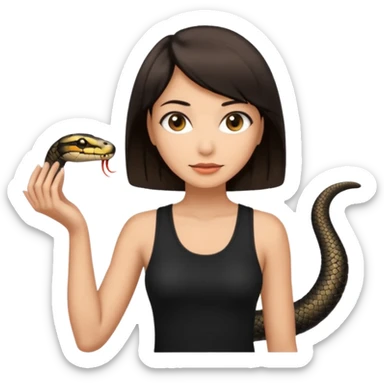 Femme brune yeux marron avec une coupe carré noir qui descend sur l'épaule , femme couleur de peau typé, avec un cobra a côté , débardeur noir sticker