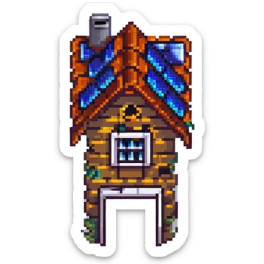 cottage with solar panels on the roof, pixel art style sticker
