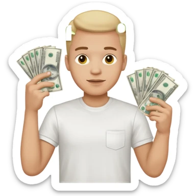 an American man with money in his hands wearing a T-shirt sticker
