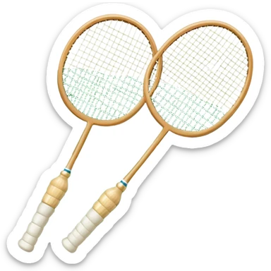 Two crossed badminton rackets with a shuttlecock resting in between, set against the faint outline of a badminton court. The image highlights the tools of the sport, with a subtle emphasis on the court's net and boundaries, symbolizing competition and skill. sticker