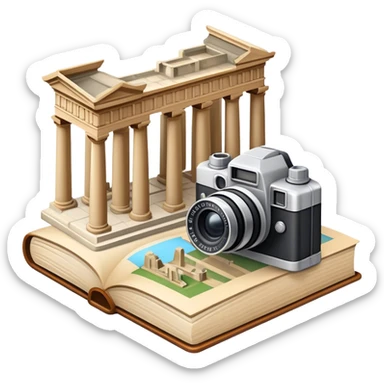 Icon for Historical and Cultural Tourism: iconic landmarks like ancient ruins, a museum, and a historical monument, with a travel guidebook and camera. The icon should capture the exploration of history and culture. Transparent background. sticker