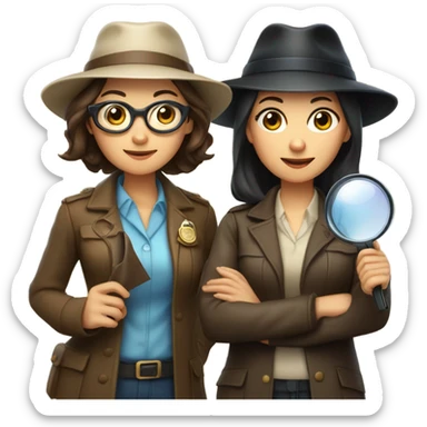 Two women detectives with hats and magnifying glasses, one with brown hair and one with black hair. One Asian one white sticker