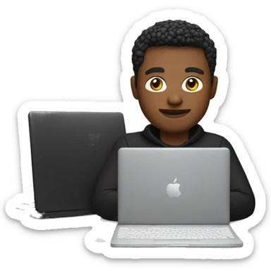 memoji of a man with a laptop in front, apple-style,modern,fair hair,black sweater,computer in hand,sitting on his desk sticker