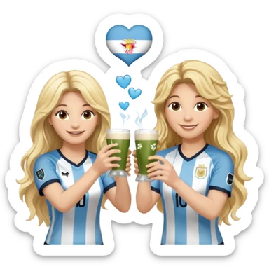 Lionel Messi in Argentina jersey and Shakira in stage clothes, smiling at each other, each holding a traditional yerba mate cup, making a cheerful toast, Shakira with long wavy blonde hair, emoji style, cute and fun, with little hearts floating sticker
