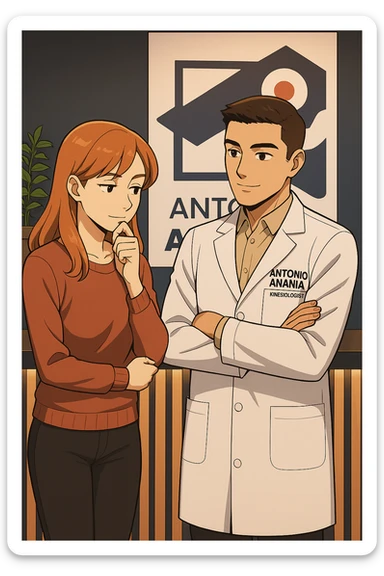su questo stile fai un manga/webtoon a colori in cui una donna SI TOCCA IL MENTO CON L'INDICE MENTRE ASCOLTA PENSIEROSA L'UOMO, l'uomo della foto in stile manga LE SPIEGA CHE DEVE PROVARE LA SUA VALUTAZIONE MEDICA, mantieni un ambiente simile alla foto che ho allegato con il suo logo (sarebbe il suo studio, lui è un kinesiologo), scrivigli "ANTONIO ANANIA" sul camice bianco, non mettere fumetti, ma fai in modo che sembri che la donna ASCOLTI l'uomo sticker