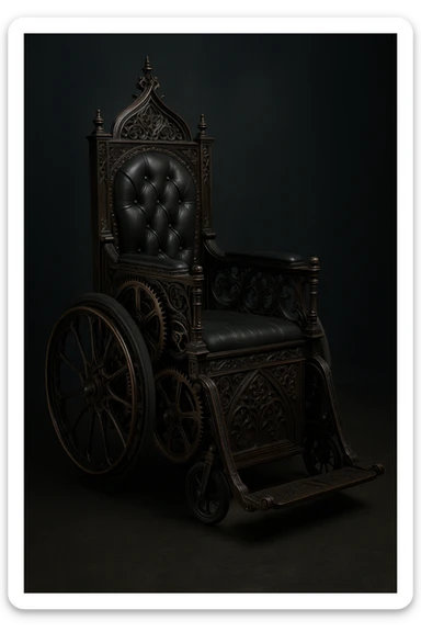 gothic steampunk wheelchair, Victorian gothic motifs, exposed gears, dark wood, elegant and mysterious sticker