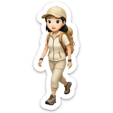 Full body asian woman hiking on mountain trail cream clothes baseball cap sticker