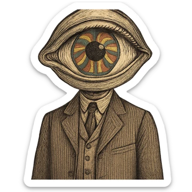 a person in vintage style with a psychedelic eye on the head, no face, only the eye, retro clothing, muted colors sticker