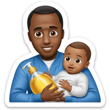 Sean “Diddy” Combs with baby oil and a very small infant and he’s pouring the baby oil on the baby and they have a scared face they’re really scared while diddy is happy sticker