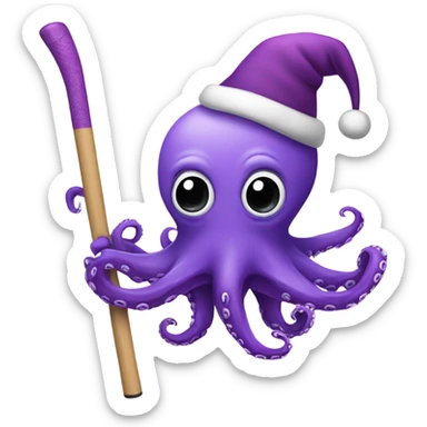 purple octopus wearing santa hat, holding a hockey stick sticker