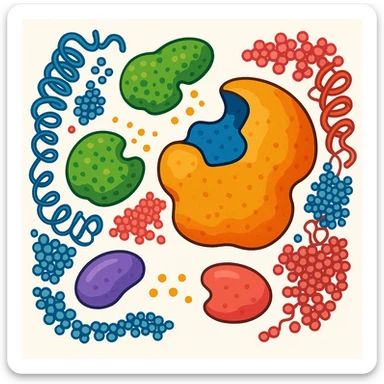 Ultra-detailed scientific illustration  (like in a school book) of enzyme digestion. Macro molecular view, clean white background, no text, no human figures or cartoon characters. Purely biological focus and really detailed and surrounding sticker