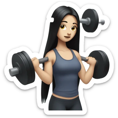 Pale girl with long black hair lifting weights sticker