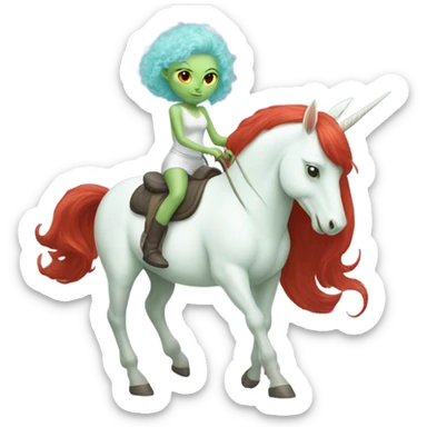 [politically incorrect
	{ woman: alien, color: light green, hair:red, eyes:cat} ]
	on a 
	[{ unicorn: white, legged:four, mane: light blue }] sticker