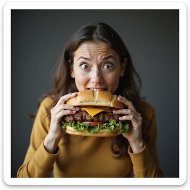 hyperrealistic image of a woman with wide eyes and an impatient gesture trying to eat a giant sandwich, uncontrollable hunger, white background, variation 6 sticker
