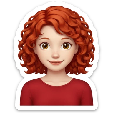 girl with shoulder length curly apple red hair with brown eyes and pale skin smiling sticker