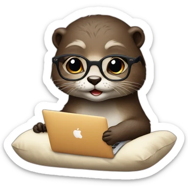 female otter with glasses use a macbook while seated against a pillow sticker