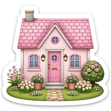 Cottagecore style, highly realistic, whimsical cute, vintage vibe, small cottage with a little garden in front with flowers, and pink door. Still life design sticker