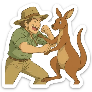 ghibli style illustration of a man with an Australian hat in a playful fight with a kangaroo sticker