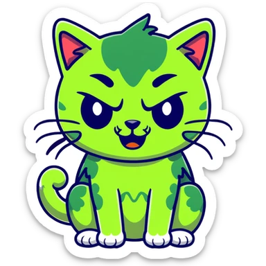 cat zombie emoji, green fur, stitches, cartoonish style sticker