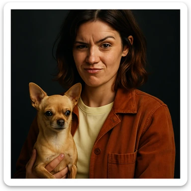 portrait style Netflix series, woman with tanned skin, subtle freckles, pale yellow shirt color #FFF8CA, rust-colored jacket, medium-length brown hair with auburn highlights, rebellious and playful expression, holding a beige-brown chihuahua, dark background sticker