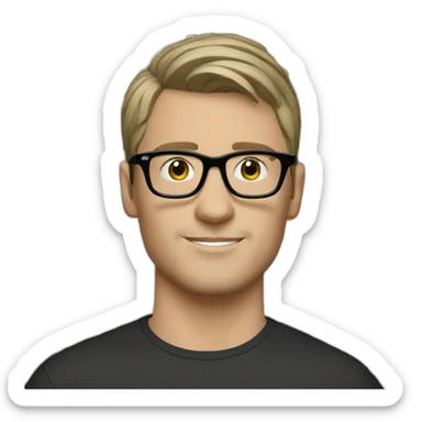 white brunette guy short hair with glasses and dark t-shirt with flowers print sticker