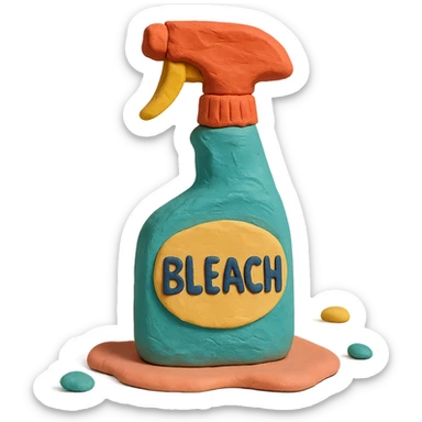 bleach spray bottle in claymation style with a bold label, playful arrangement, pastel palette sticker