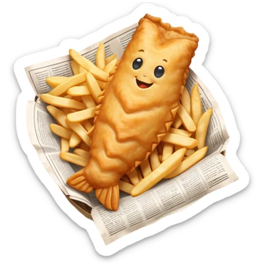 Fish and Chips Cinematic Realistic Fish and Chips Dish Emoji, depicted as a crispy battered fish fillet and golden chips served in traditional newspaper wrapping, rendered with lifelike textures and warm natural lighting that captures its iconic British street food charm  . sticker