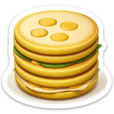 Cinematic Realistic Arepas Dish Emoji, depicted as golden cornmeal cakes filled with savory ingredients rendered with lifelike textures and warm, inviting lighting. sticker