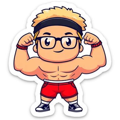 Regular man with black and white cap, bare torso, red shorts, clear glasses, messy light blond mullet hairstyle, smiling and flexing muscles sticker