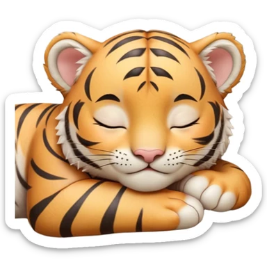 Meme-Worthy cute Sleeping Tiger Cub Portrait Emoji, Head resting peacefully with a contented smile, showcasing a luxuriously soft, striped form and eyes gently closed in serene slumber, Simplified yet comically adorable features, highly detailed, glowing with a soft, drowsy wild light, high shine, relaxed and utterly lovable, stylized with an air of playful laziness, bright and heartwarming, soft glowing outline, capturing the essence of a sleeping tiger cub that feels destined to become the next viral icon of adorable rest! sticker