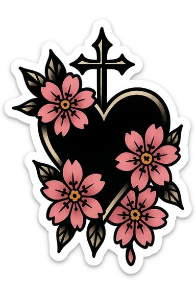 goth sakura heart, tattoo flash, bold black lines, pink sakura, classic tattoo style sticker